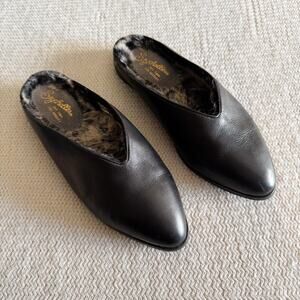 Seychelles Black Leather Faux Fur Pointed Toe Slide On Flat Size 6